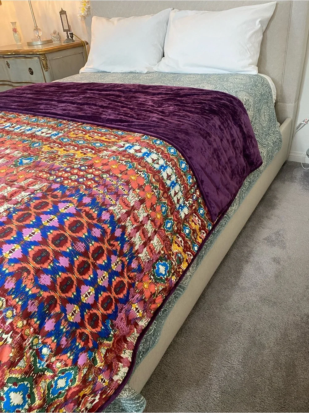 Velvet bedspread Reversible purple/ multi colored BOHO